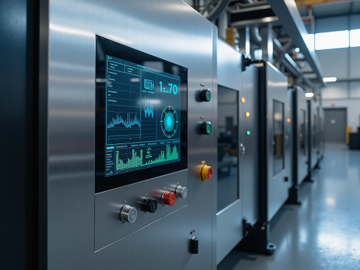 工业监控设备，大型显示屏，工业级防护外壳，多接口连接，工厂自动化设备