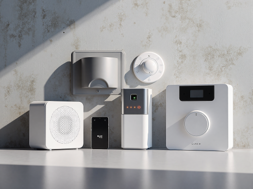 智能传感器产品，白色外壳，LED指示灯，金属质感，现代工业设计