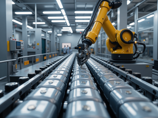 智慧工厂场景，自动化生产线，机器人手臂，工业物联网设备运行